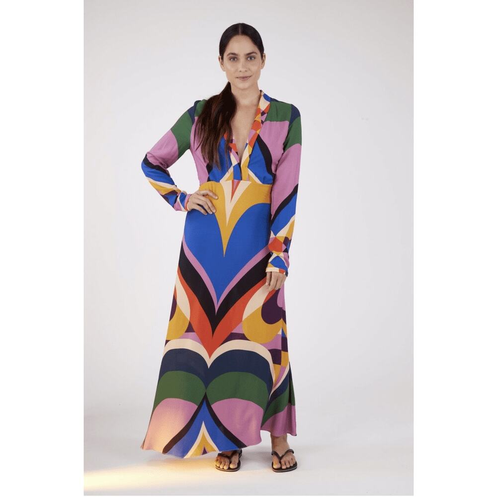 FARM Rio | Women | Multicolor Geometric Color Block Retro 60s Maxi Dress | XS - Picture 16 of 16